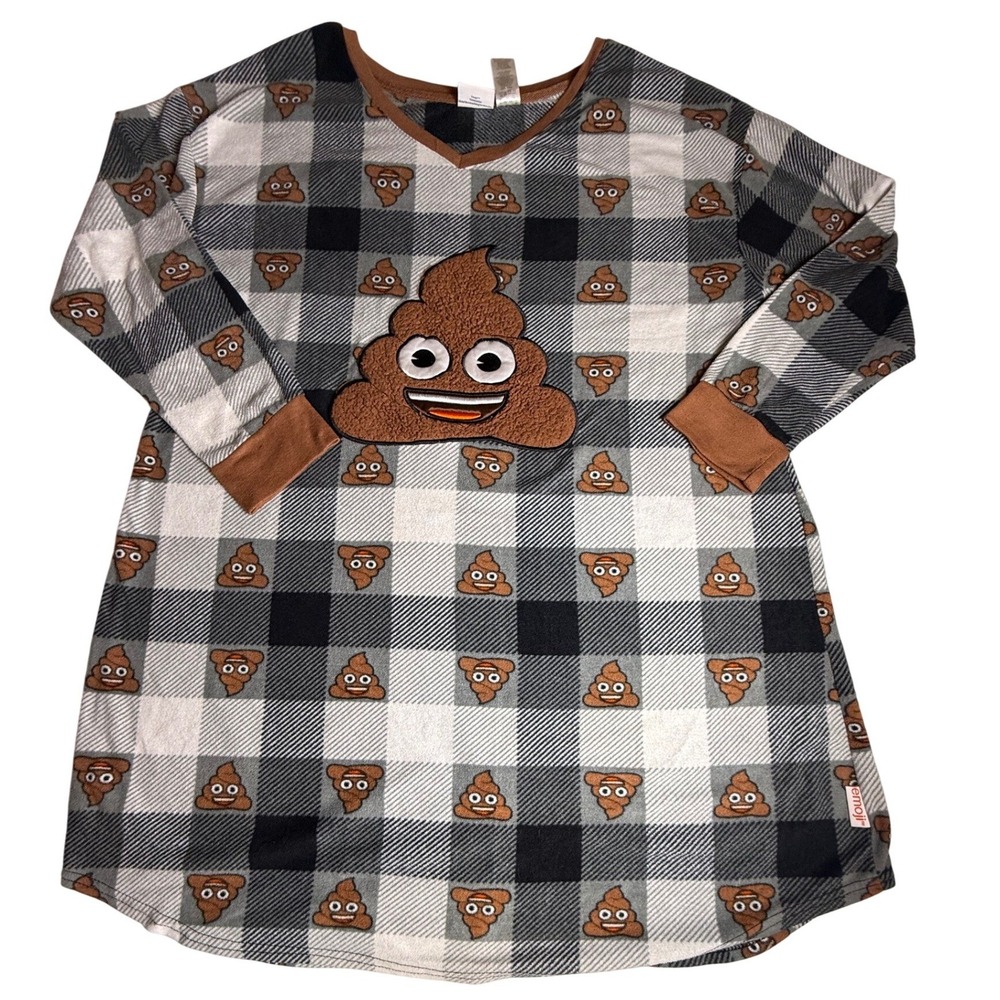 Emoji Brand Plaid Poop Embellished Sleep Shirt Nightgown Long Sleeve Women's-961